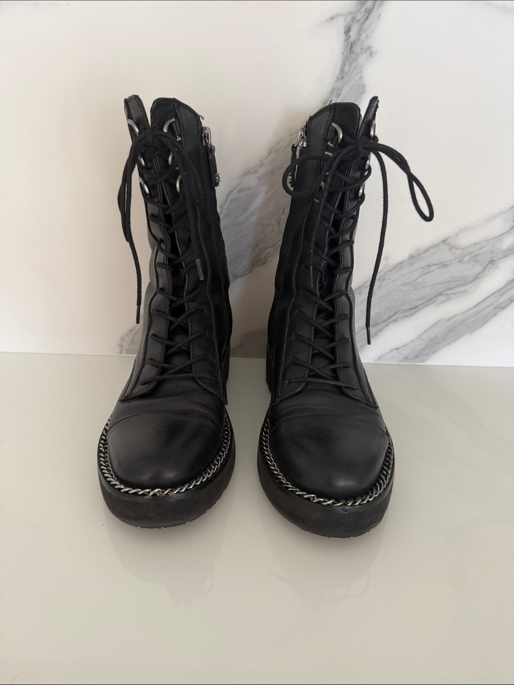 Sam Edelman Black Lace-Up Combat Moto Boots with Chunky Sole